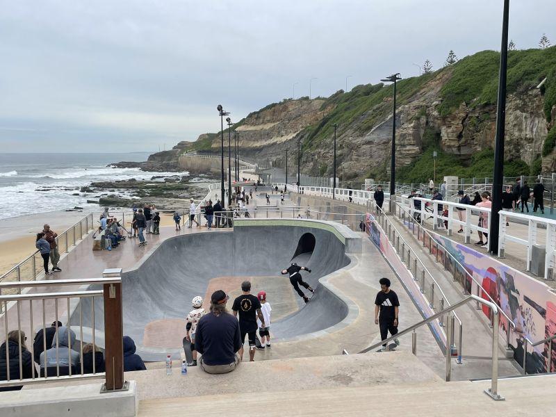 Community members using the new facilities in the Bathers Way precinct at South Newcastle Beach.