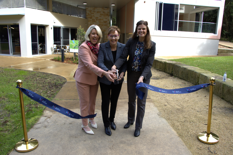 Minister for the Hunter Yasmin Catley, Member for Charlestown Jodie Harrison and City of Newcastle Executive Manager Environment and Sustainability, Marnie Kikken officially open Blackbutt Reserve's new $3.2 million multipurpose community facility and café.