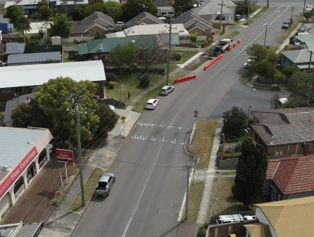 Aerial view of Georgetown Road with roadworks beginning as part of the renewal project.