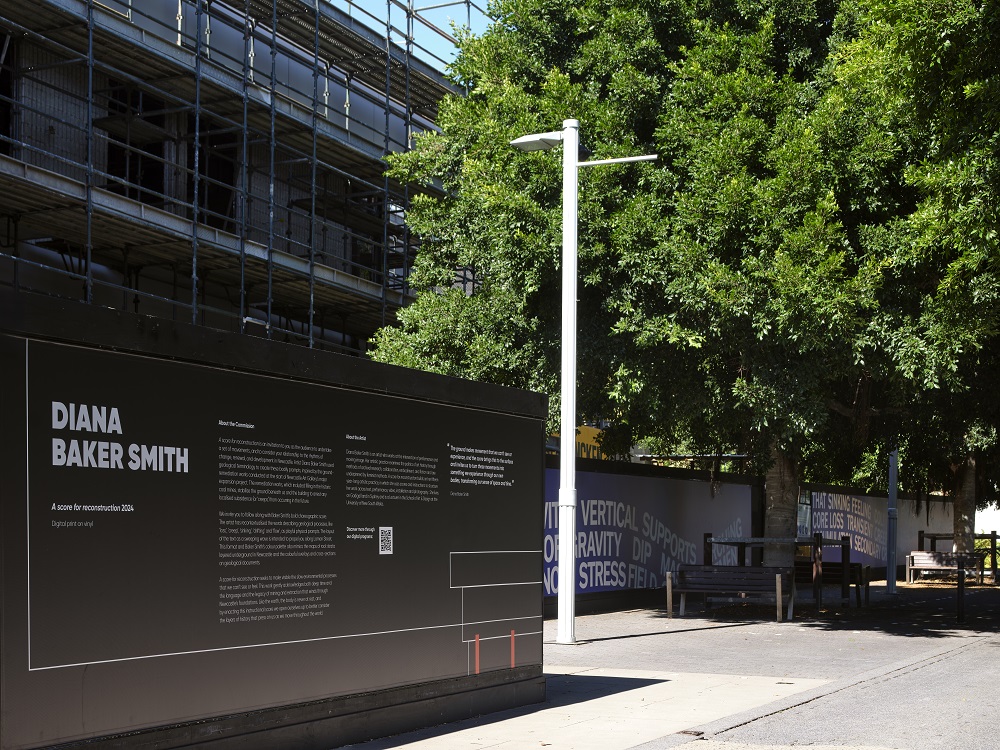 Artwork on fencing of construction site, A score for reconstruction by Diana Baker Smith