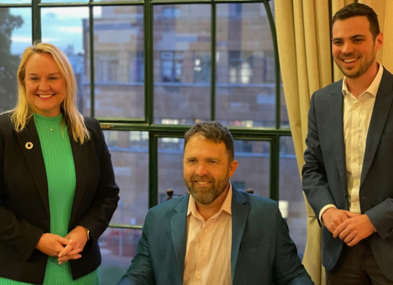 Lord Mayor Nuatali Nelmes and Deputy Lord Mayor Declan Clausen with Dr Saul Griffith at City Hall.