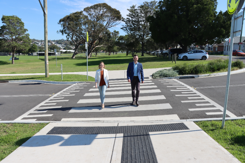 Councillor Elizabeth Adamczyk and Deputy Lord Mayor Declan Clausen using pedestrian infrastructure at New Lambton.