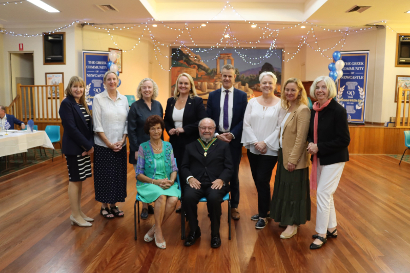 Father Nicholaos, wife Nina, Lord Mayor Nuatali Nelmes, Sharon Claydon MP, Tim Crakanthorp MP and CN councillors.