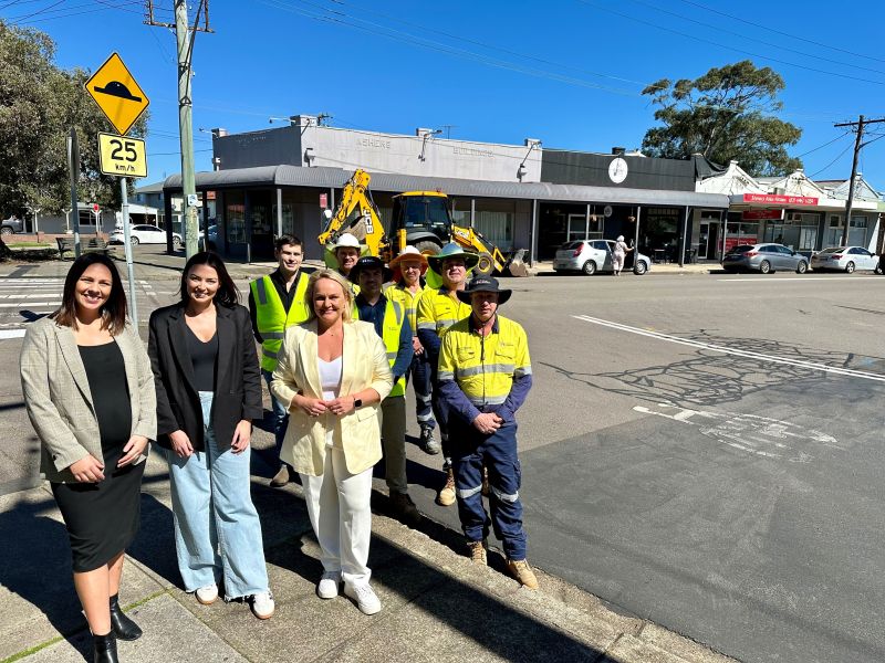 Corrin Dedman and Chelsea Fleming from Koko Hairdressing and Lord Mayor Nuatali Nelmes with City of Newcastle work crews as construction on the Georgetown Local Centre project kicks off today