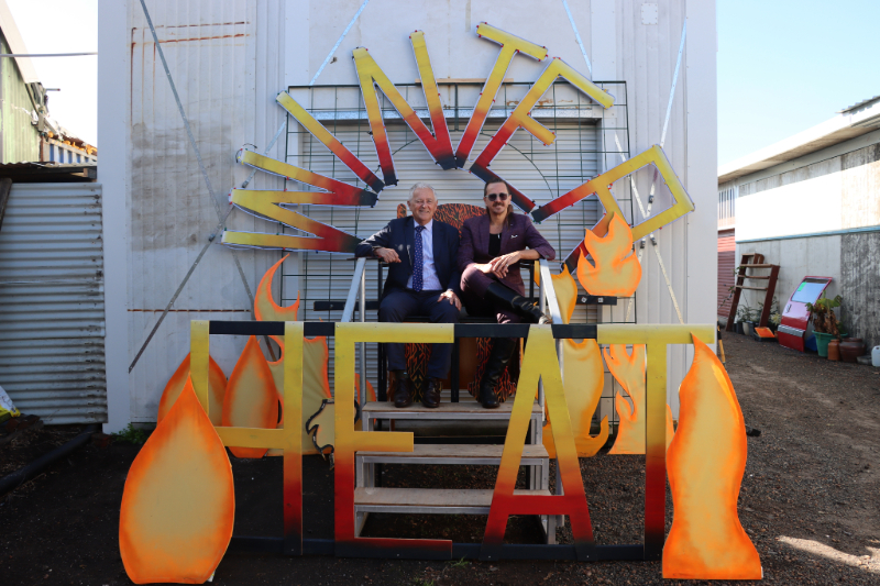 Lord Mayor Ross Kerridge and WinterHeat organiser Zackari Watt with one of the displays that will feature at this year's festival