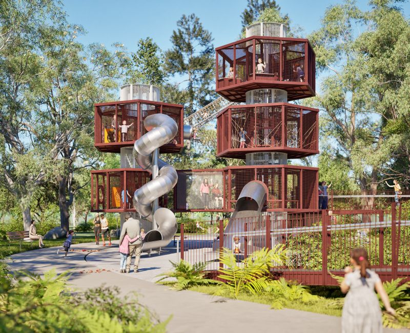 Artist's impression of the industrial themed play structures to be built as part of the Foreshore Park inclusive playspace.