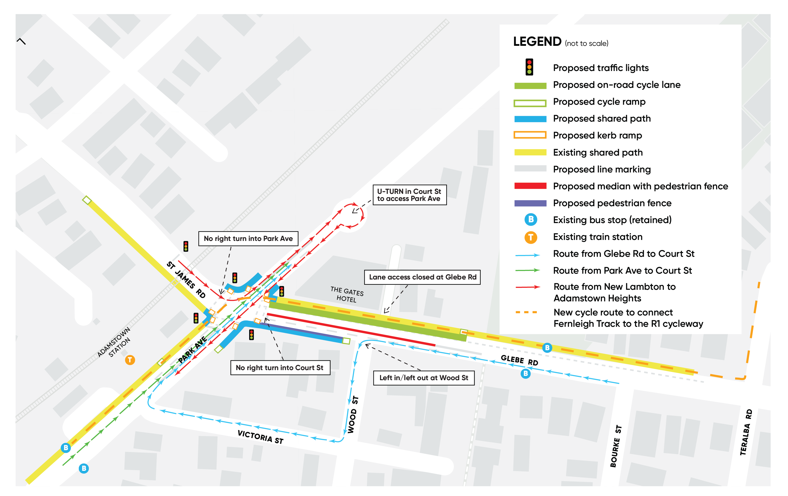 Map showing Glebe Road, Adamstown traffic arrangements from May 2025