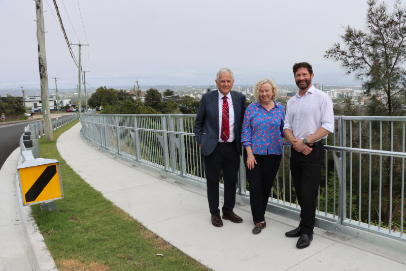 Lord Mayor Ross Kerridge, Federal Member for Newcastle Sharon Claydon and City of Newcastle's Manager Projects - Sustainability David Grejsen at Memorial Drive, Bar Beach.