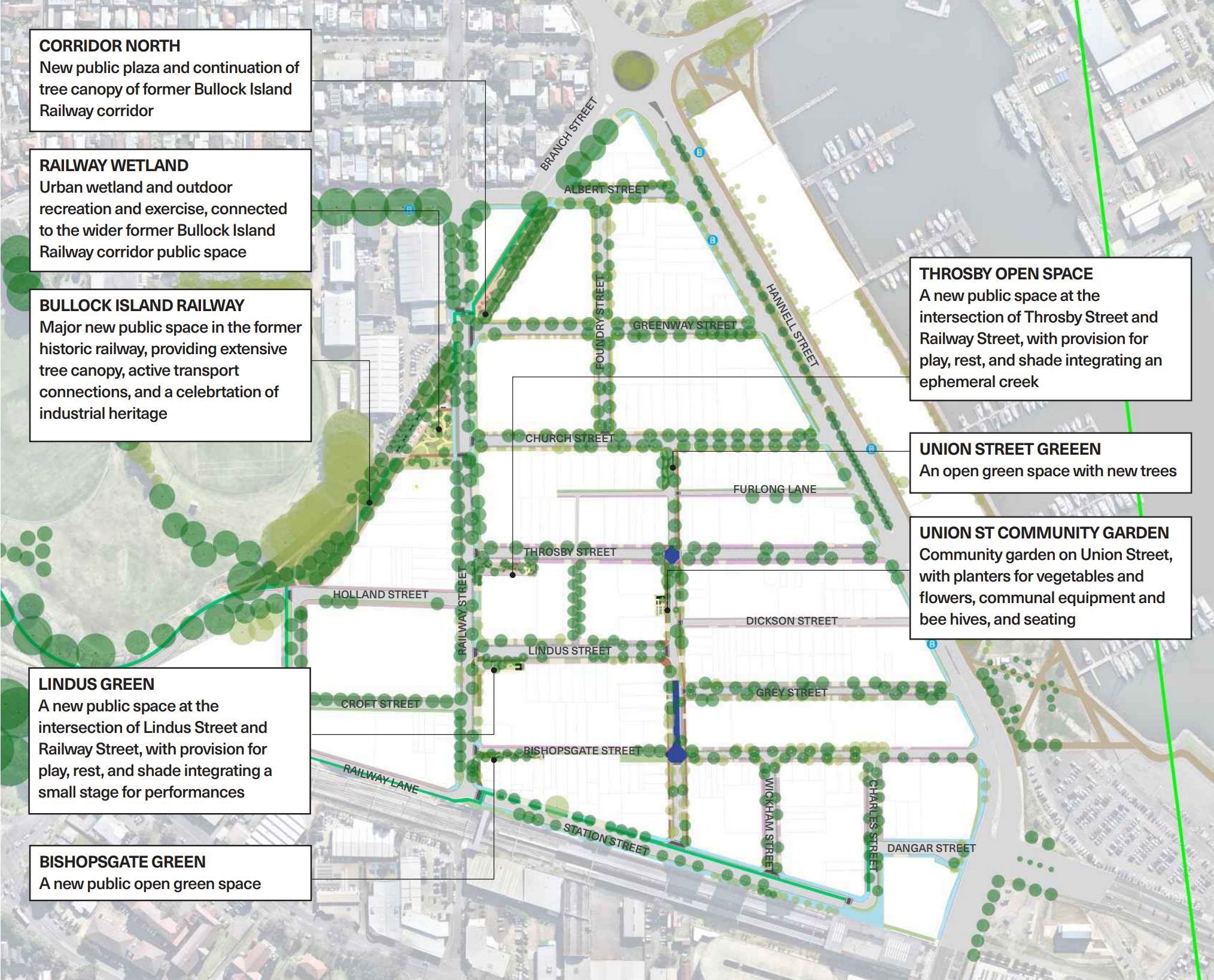 Map view showing the proposed improvements across the various urban activation zones in Wickham