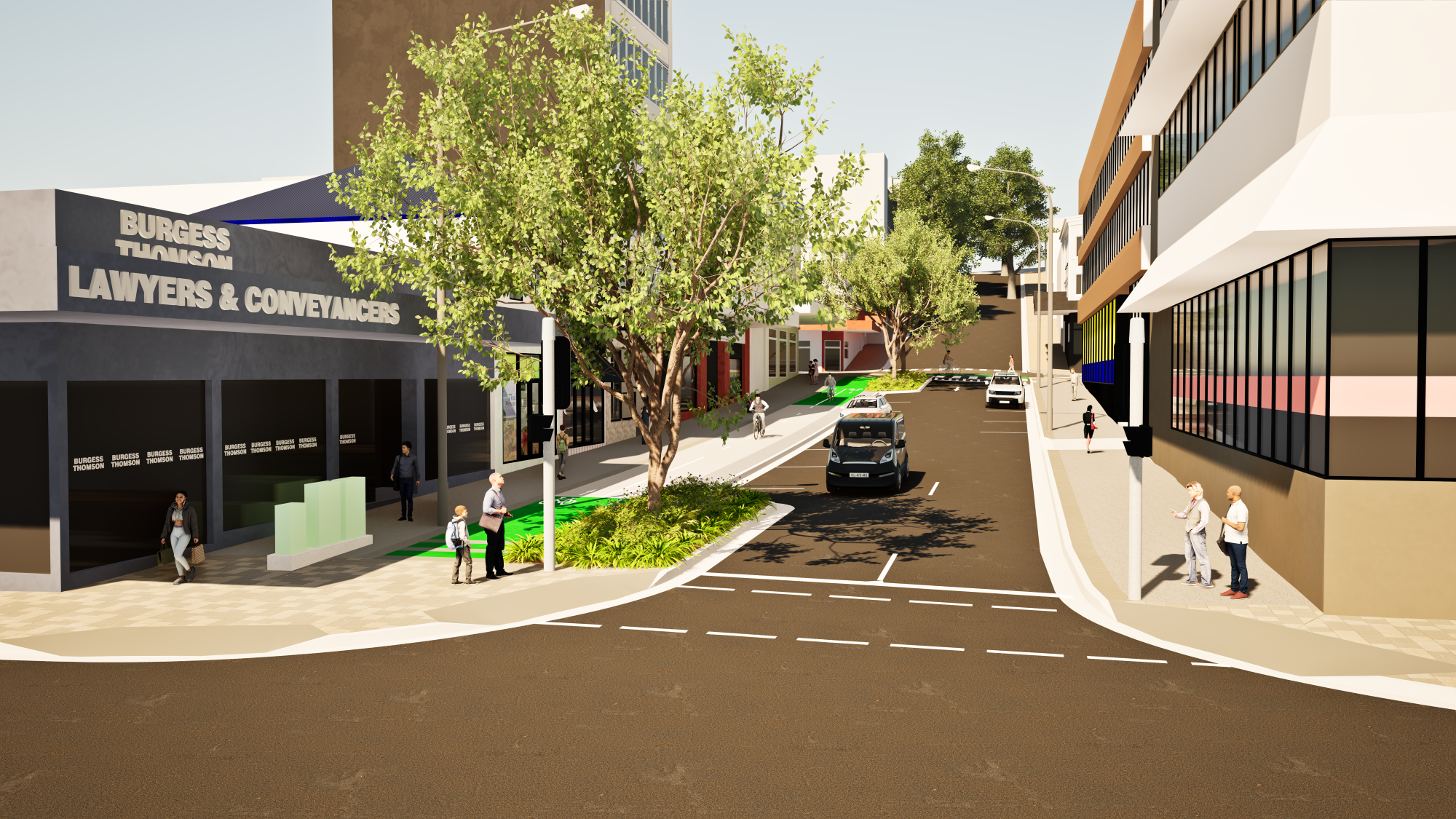 Newcomen Street, looking south from the intersection at Scott Street.