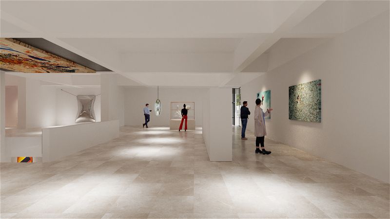 An artist's impression of one of the first floor gallery spaces, with John Olsen 'The sea sun of 5 bells' artwork on the ceiling.