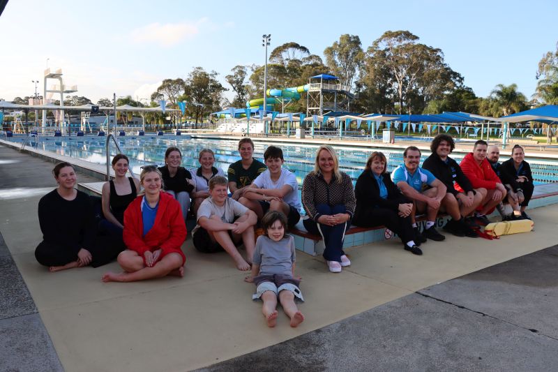 Lord Mayor Nuatali Nelmes, community members and BlueFit representatives celebrate the reopening of Lambton War Memorial Swimming Centre today and the upcoming community consultation on the year-round facility.