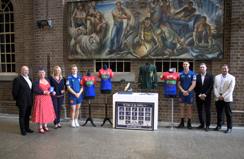 Newcastle Knights CEO Philip Gardner, Director of Museum, Archive, Libraries and Learning Julie Baird, Lord Mayor Nuatali Nelmes, Knights NRLW captain Hannah Southwell, Knights NRL captain Kalyn Ponga, Knights legend Danny Buderus and Newcastle Rugby League General Manager Adam Devcich at the announcement of Newcastle Museum's landmark exhibition.