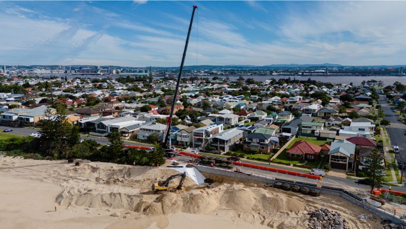 An aerial view of the protection structure work at Stockton